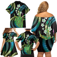 Hawaii King Kamehameha Family Matching Off Shoulder Short Dress and Hawaiian Shirt Fantastic Plumeria Chartreuse Cyan LT01 - Polynesian Pride