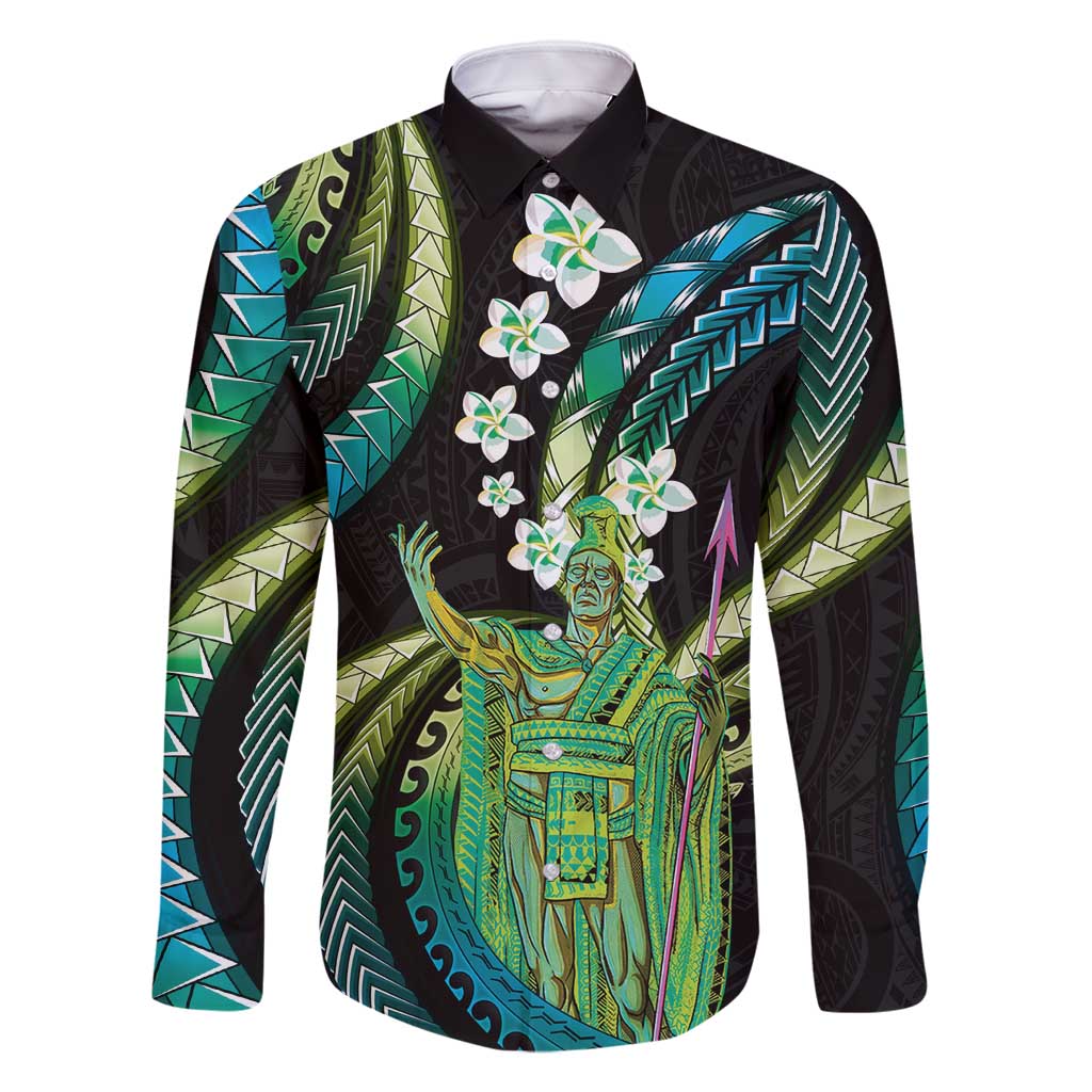 Hawaii King Kamehameha Family Matching Off Shoulder Short Dress and Hawaiian Shirt Fantastic Plumeria Chartreuse Cyan LT01 Dad's Shirt - Long Sleeve Cyan - Polynesian Pride