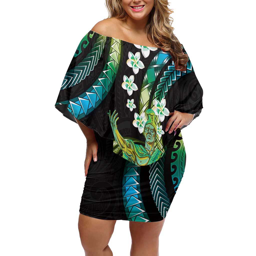 Hawaii King Kamehameha Family Matching Off Shoulder Short Dress and Hawaiian Shirt Fantastic Plumeria Chartreuse Cyan LT01 Mom's Dress Cyan - Polynesian Pride