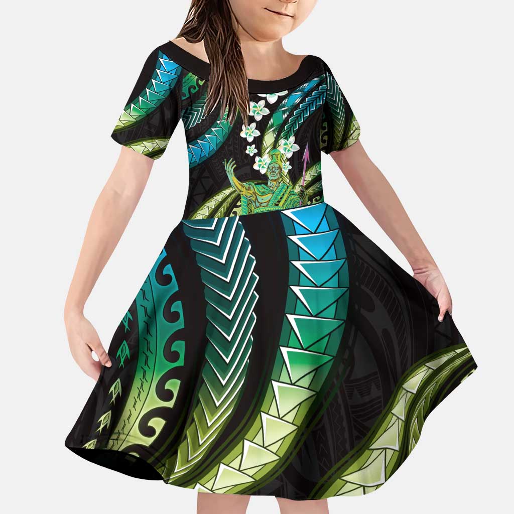 Hawaii King Kamehameha Family Matching Puletasi and Hawaiian Shirt Fantastic Plumeria Chartreuse Cyan LT01 Daughter's Dress Cyan - Polynesian Pride