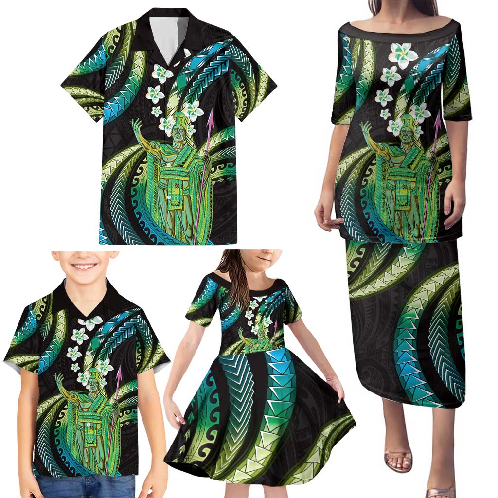 Hawaii King Kamehameha Family Matching Puletasi and Hawaiian Shirt Fantastic Plumeria Chartreuse Cyan LT01 - Polynesian Pride