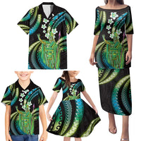 Hawaii King Kamehameha Family Matching Puletasi and Hawaiian Shirt Fantastic Plumeria Chartreuse Cyan LT01 - Polynesian Pride