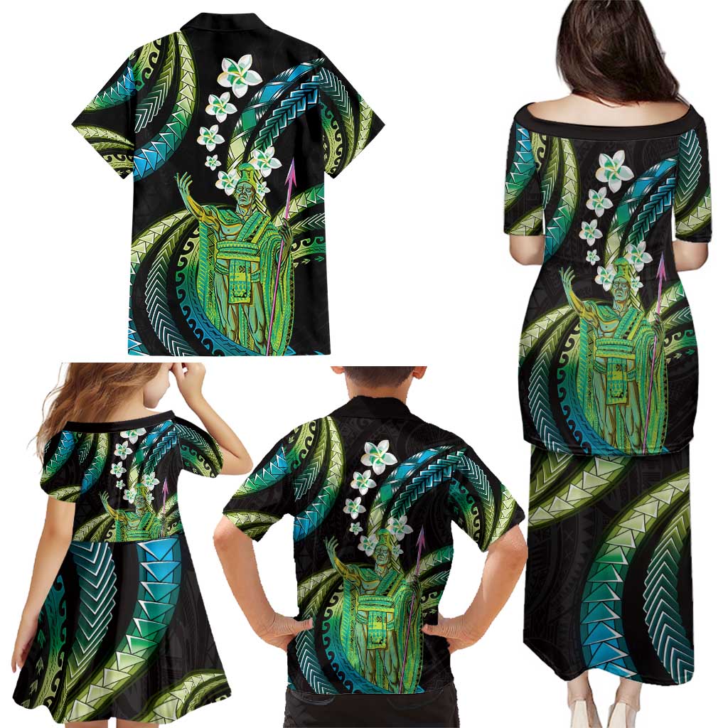 Hawaii King Kamehameha Family Matching Puletasi and Hawaiian Shirt Fantastic Plumeria Chartreuse Cyan LT01 - Polynesian Pride