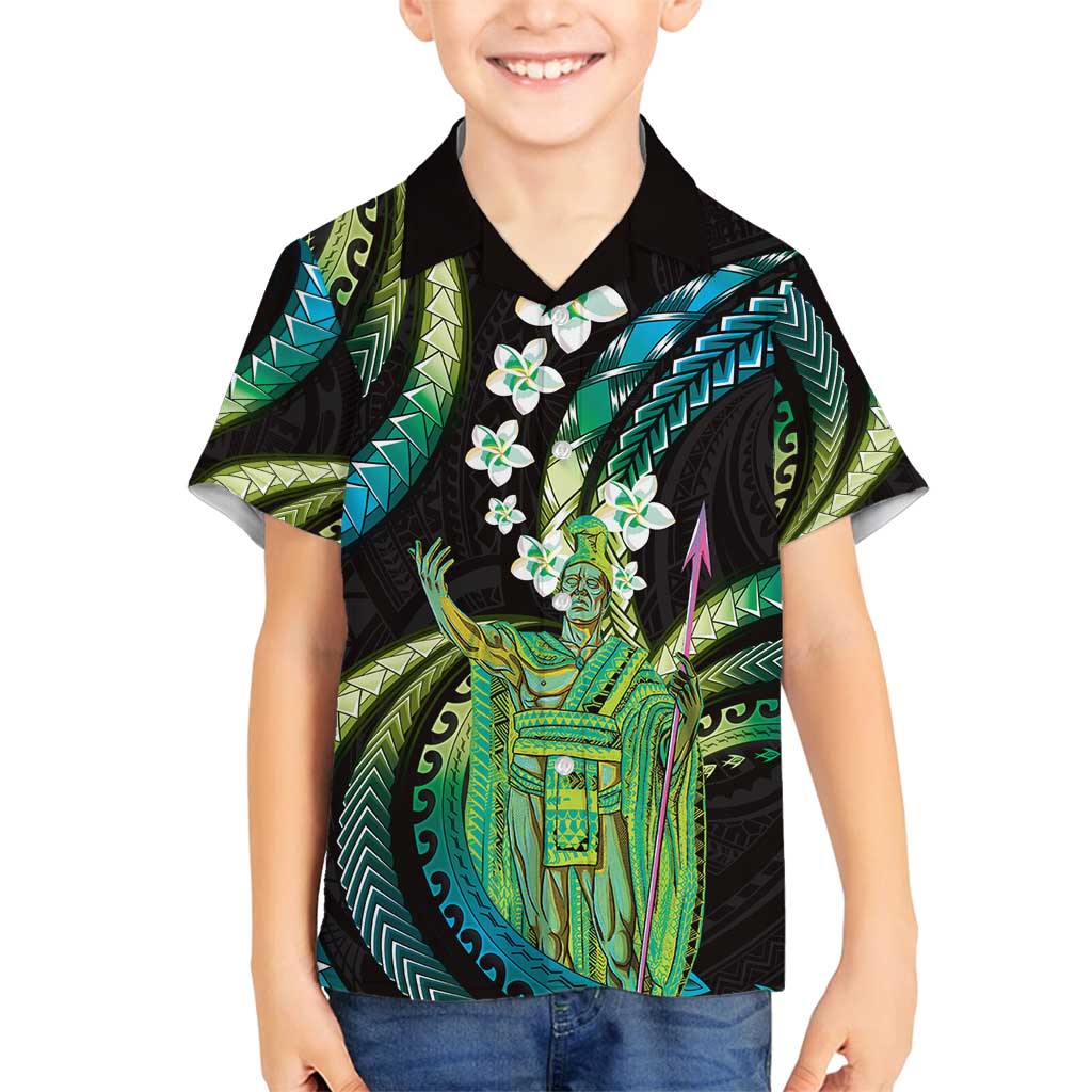 Hawaii King Kamehameha Family Matching Puletasi and Hawaiian Shirt Fantastic Plumeria Chartreuse Cyan LT01 Son's Shirt Cyan - Polynesian Pride