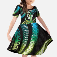 Hawaii King Kamehameha Family Matching Short Sleeve Bodycon Dress and Hawaiian Shirt Fantastic Plumeria Chartreuse Cyan LT01 Daughter's Dress Cyan - Polynesian Pride
