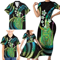 Hawaii King Kamehameha Family Matching Short Sleeve Bodycon Dress and Hawaiian Shirt Fantastic Plumeria Chartreuse Cyan LT01 - Polynesian Pride