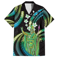 Hawaii King Kamehameha Family Matching Short Sleeve Bodycon Dress and Hawaiian Shirt Fantastic Plumeria Chartreuse Cyan LT01 Dad's Shirt - Short Sleeve Cyan - Polynesian Pride