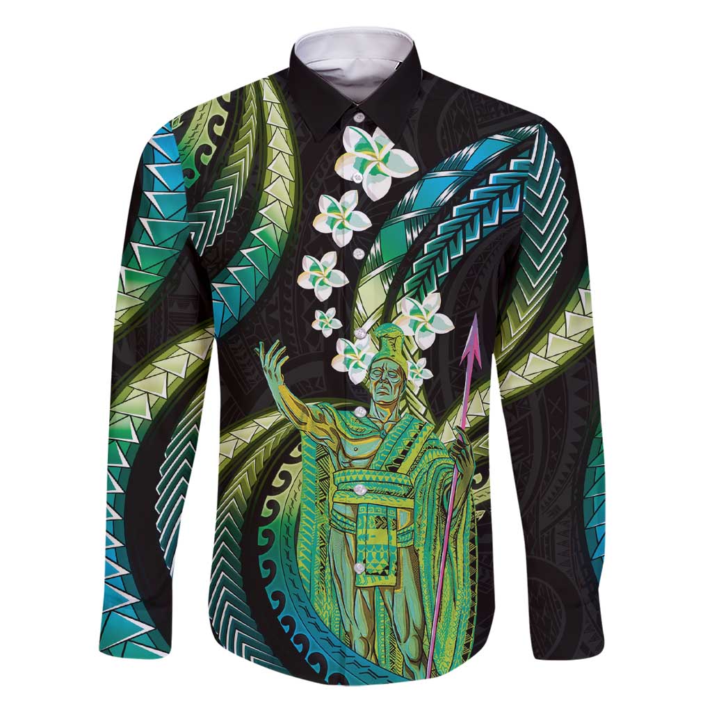 Hawaii King Kamehameha Family Matching Short Sleeve Bodycon Dress and Hawaiian Shirt Fantastic Plumeria Chartreuse Cyan LT01 Dad's Shirt - Long Sleeve Cyan - Polynesian Pride