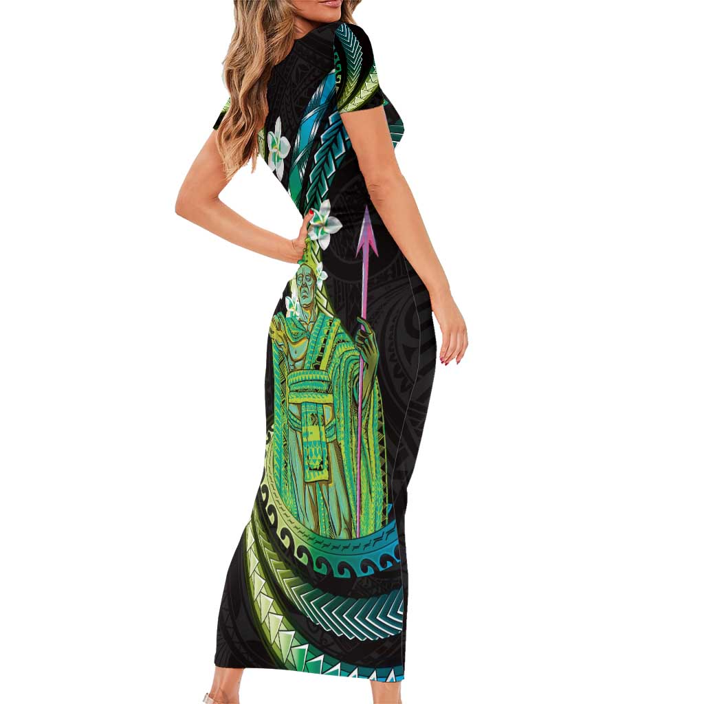 Hawaii King Kamehameha Family Matching Short Sleeve Bodycon Dress and Hawaiian Shirt Fantastic Plumeria Chartreuse Cyan LT01 - Polynesian Pride