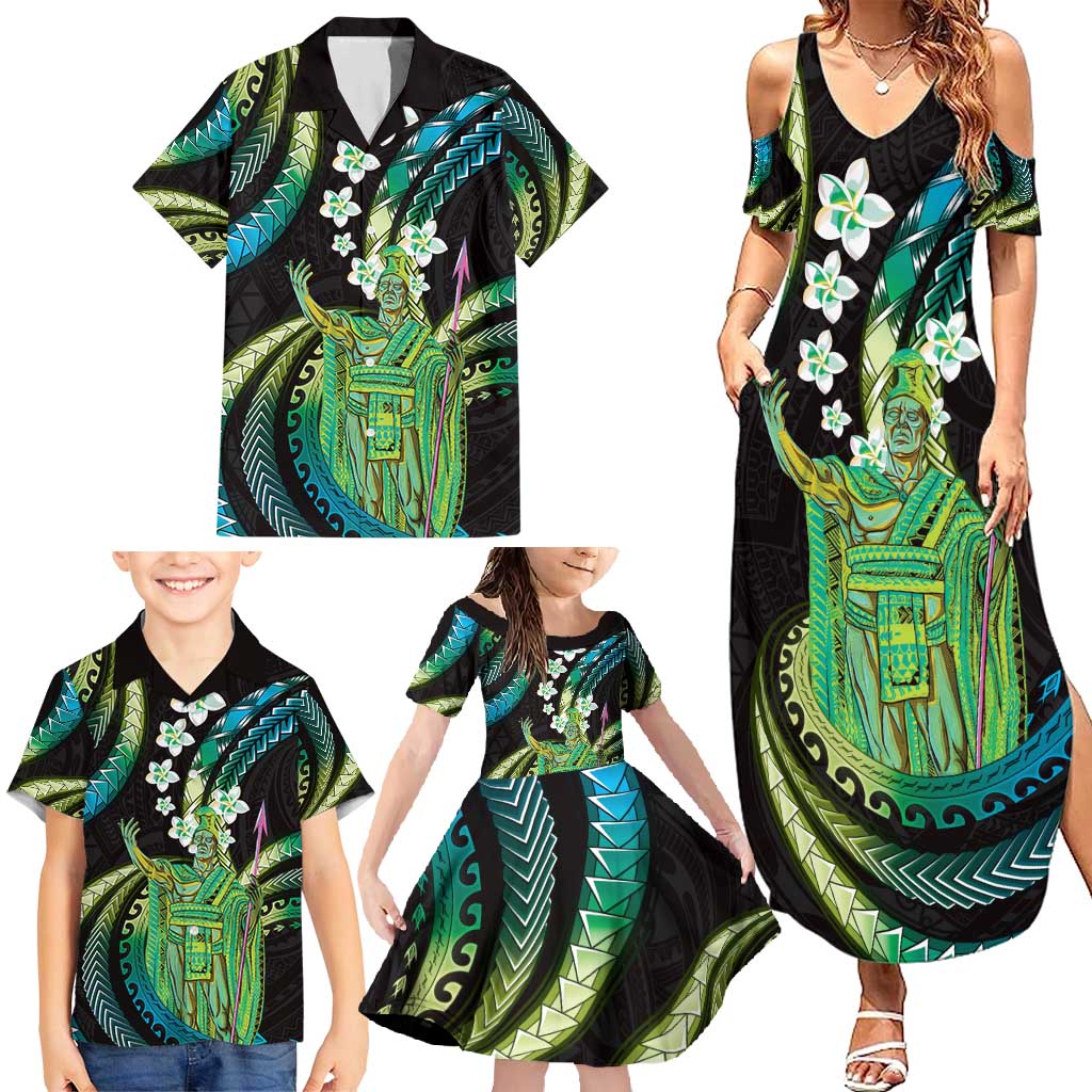 Hawaii King Kamehameha Family Matching Summer Maxi Dress and Hawaiian Shirt Fantastic Plumeria Chartreuse Cyan LT01 - Polynesian Pride