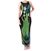 Hawaii King Kamehameha Family Matching Tank Maxi Dress and Hawaiian Shirt Fantastic Plumeria Chartreuse Cyan LT01 Mom's Dress Cyan - Polynesian Pride