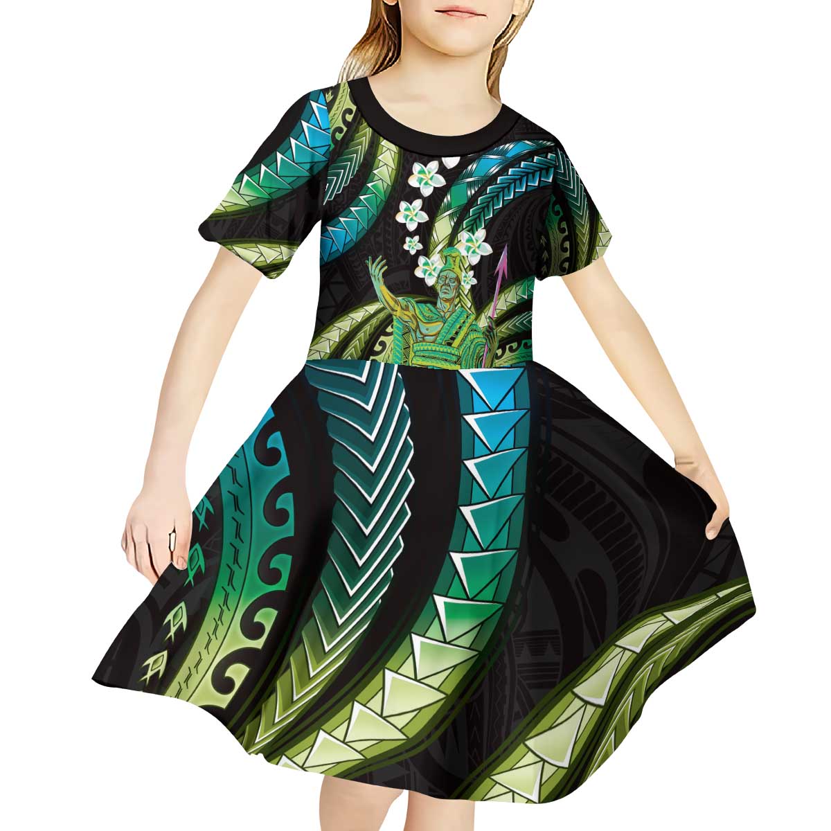 Hawaii King Kamehameha Kid Short Sleeve Dress Fantastic Plumeria Chartreuse Cyan LT01 - Polynesian Pride