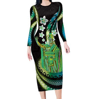Hawaii King Kamehameha Long Sleeve Bodycon Dress Fantastic Plumeria Chartreuse Cyan LT01 Long Dress Cyan - Polynesian Pride