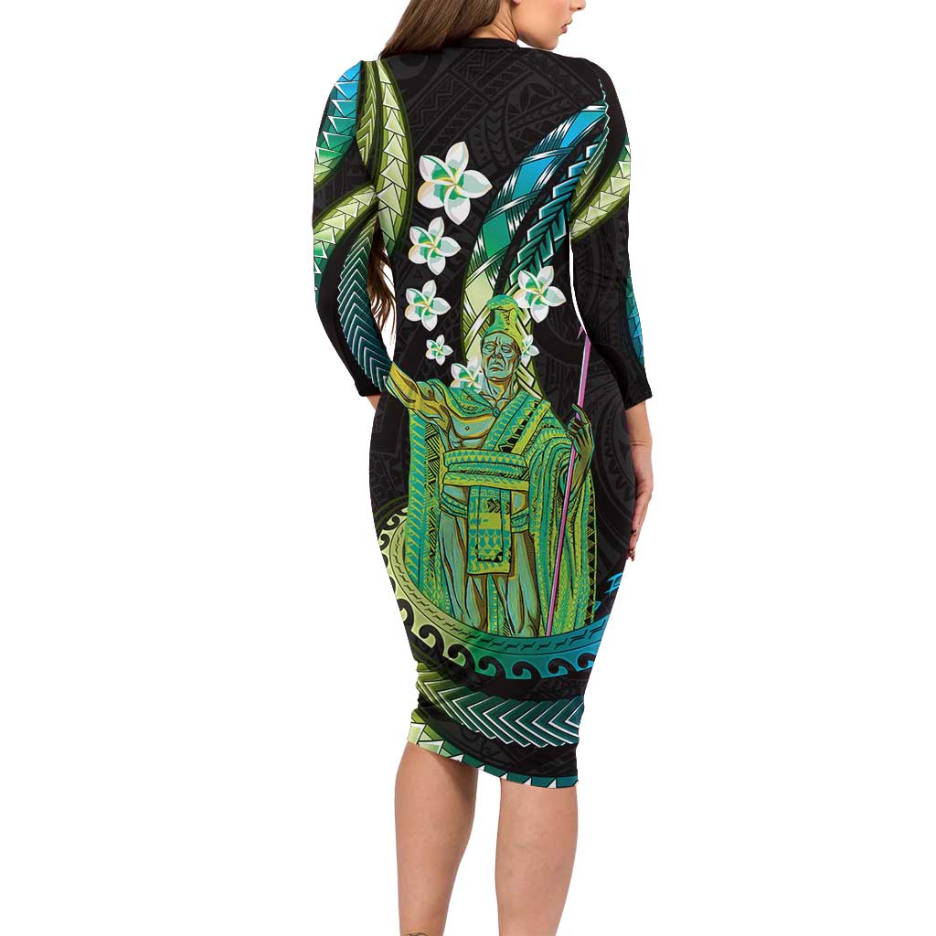 Hawaii King Kamehameha Long Sleeve Bodycon Dress Fantastic Plumeria Chartreuse Cyan LT01 - Polynesian Pride