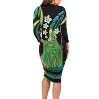 Hawaii King Kamehameha Long Sleeve Bodycon Dress Fantastic Plumeria Chartreuse Cyan LT01 - Polynesian Pride