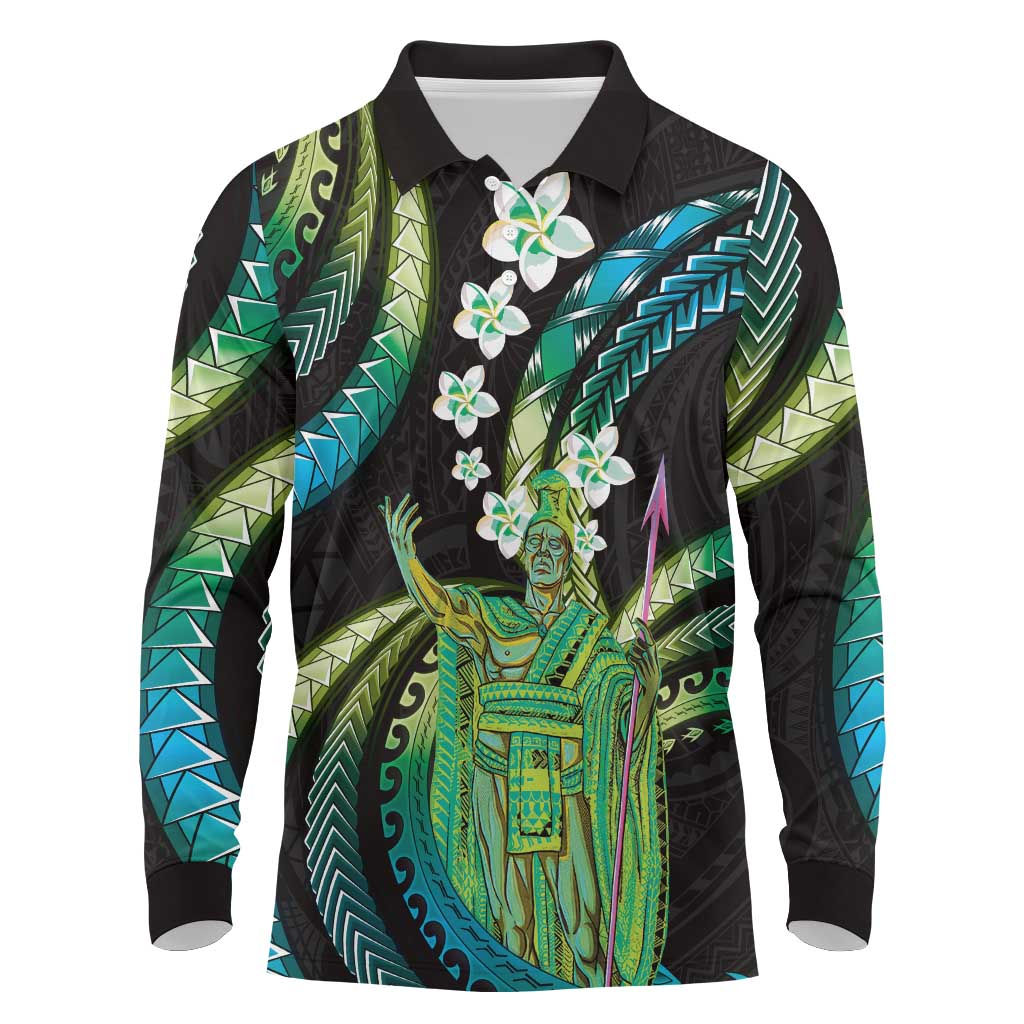 Hawaii King Kamehameha Long Sleeve Polo Shirt Fantastic Plumeria Chartreuse Cyan LT01 Cyan - Polynesian Pride