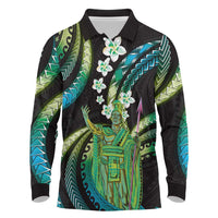 Hawaii King Kamehameha Long Sleeve Polo Shirt Fantastic Plumeria Chartreuse Cyan LT01 Cyan - Polynesian Pride