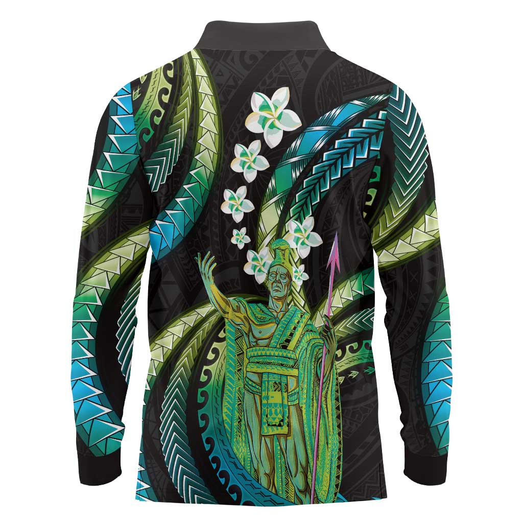 Hawaii King Kamehameha Long Sleeve Polo Shirt Fantastic Plumeria Chartreuse Cyan LT01 - Polynesian Pride