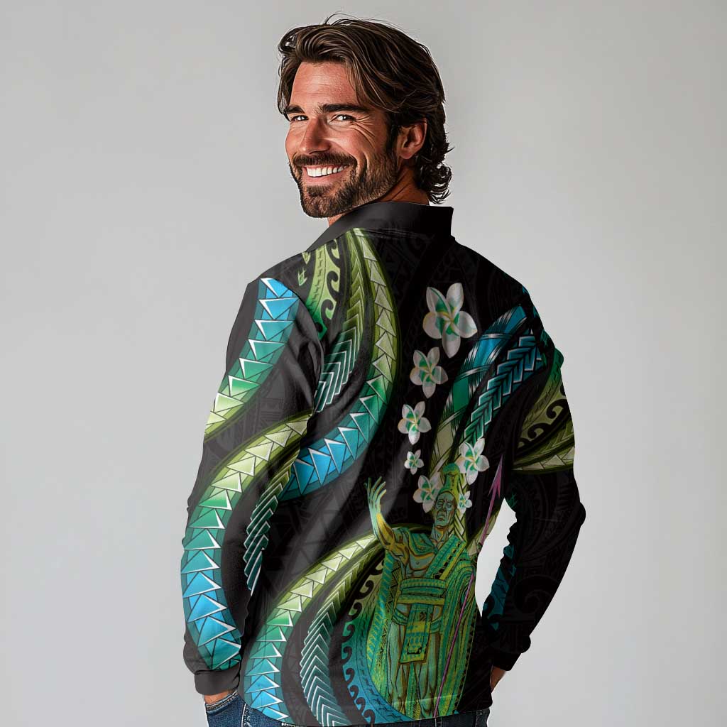Hawaii King Kamehameha Long Sleeve Polo Shirt Fantastic Plumeria Chartreuse Cyan LT01 - Polynesian Pride