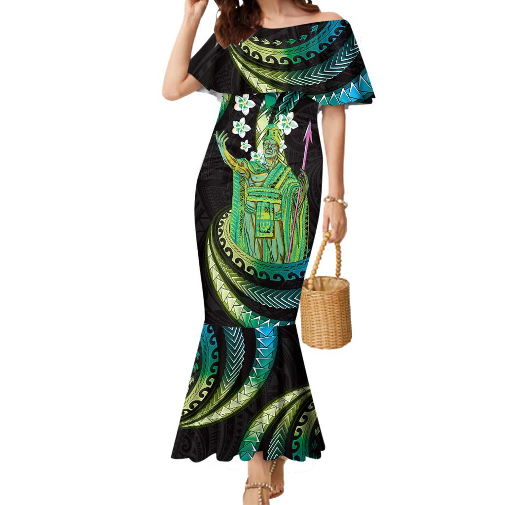 Hawaii King Kamehameha Mermaid Dress Fantastic Plumeria Chartreuse Cyan LT01 Women Cyan - Polynesian Pride