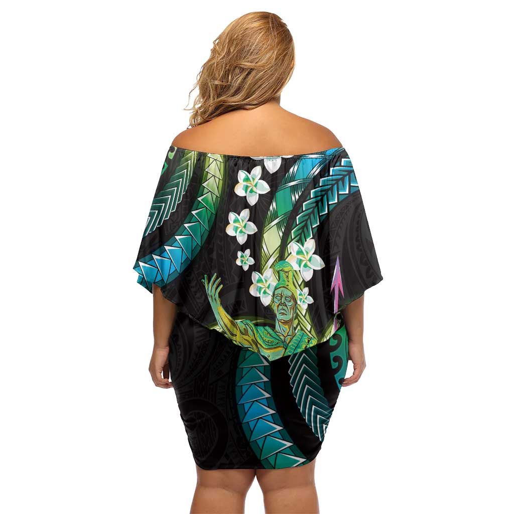 Hawaii King Kamehameha Off Shoulder Short Dress Fantastic Plumeria Chartreuse Cyan