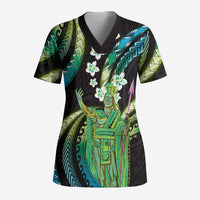 Hawaii King Kamehameha Scrub Top Fantastic Plumeria Chartreuse Cyan LT01 Adult Cyan - Polynesian Pride