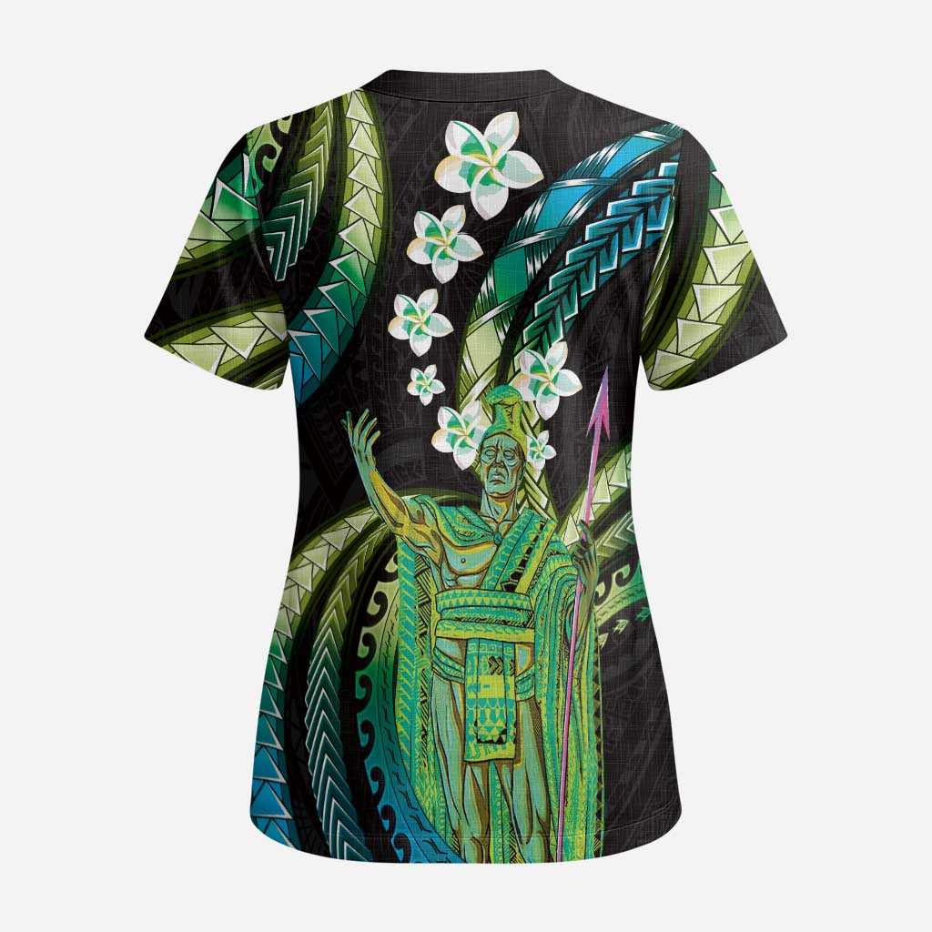 Hawaii King Kamehameha Scrub Top Fantastic Plumeria Chartreuse Cyan LT01 - Polynesian Pride