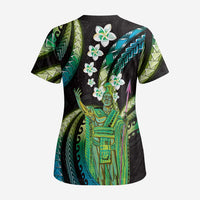 Hawaii King Kamehameha Scrub Top Fantastic Plumeria Chartreuse Cyan LT01 - Polynesian Pride