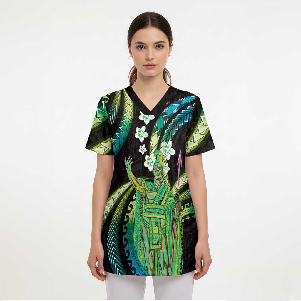 Hawaii King Kamehameha Scrub Top Fantastic Plumeria Chartreuse Cyan LT01 - Polynesian Pride