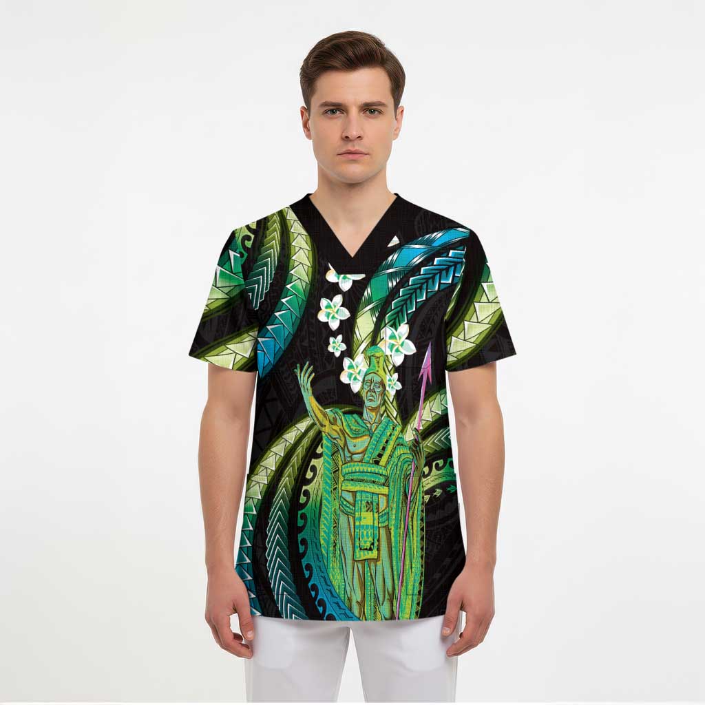 Hawaii King Kamehameha Scrub Top Fantastic Plumeria Chartreuse Cyan LT01 - Polynesian Pride