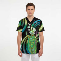 Hawaii King Kamehameha Scrub Top Fantastic Plumeria Chartreuse Cyan LT01 - Polynesian Pride