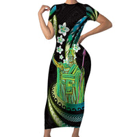 Hawaii King Kamehameha Short Sleeve Bodycon Dress Fantastic Plumeria Chartreuse Cyan LT01 Long Dress Cyan - Polynesian Pride