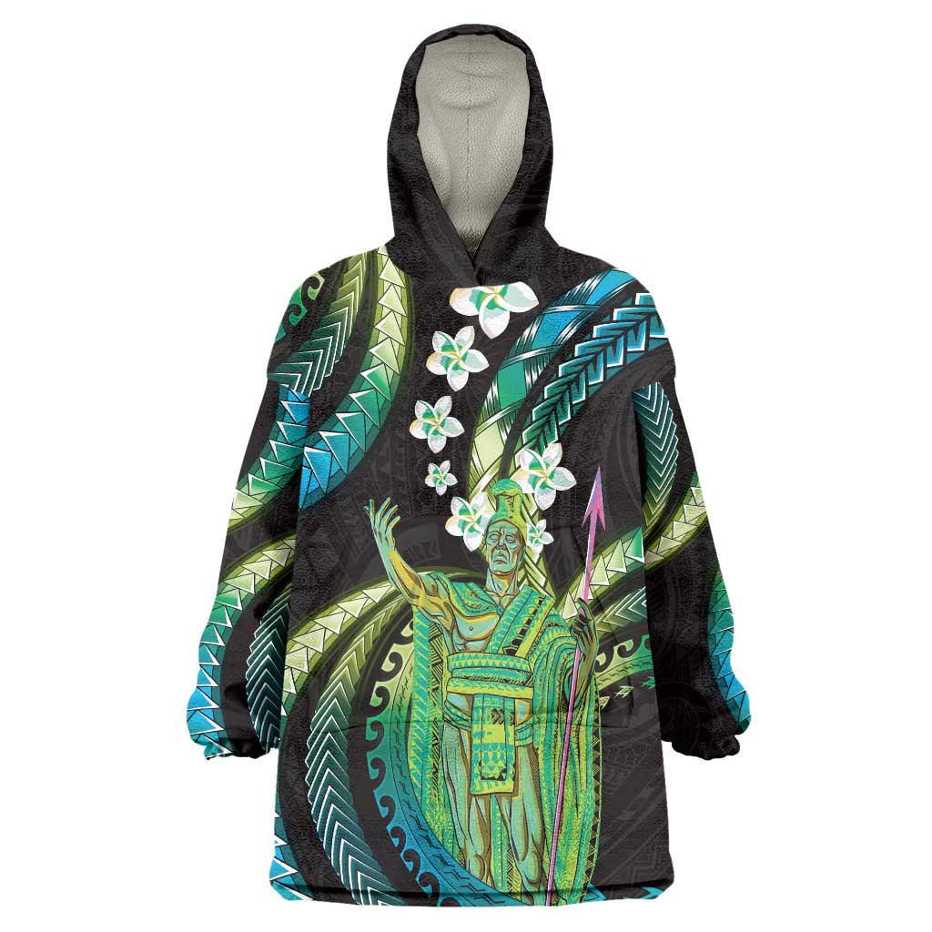 Hawaii King Kamehameha Wearable Blanket Hoodie Fantastic Plumeria Chartreuse Cyan LT01 One Size Cyan - Polynesian Pride
