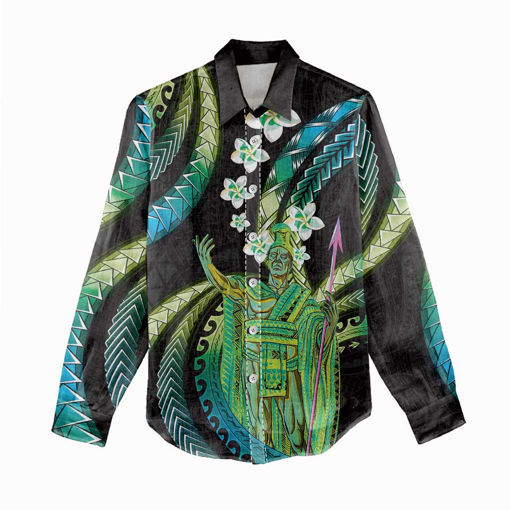 Hawaii King Kamehameha Women Casual Shirt Fantastic Plumeria Chartreuse Cyan LT01 - Polynesian Pride