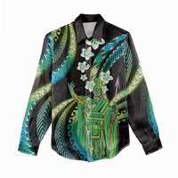 Hawaii King Kamehameha Women Casual Shirt Fantastic Plumeria Chartreuse Cyan LT01 - Polynesian Pride