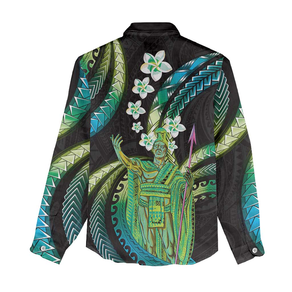 Hawaii King Kamehameha Women Casual Shirt Fantastic Plumeria Chartreuse Cyan LT01 - Polynesian Pride