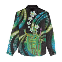 Hawaii King Kamehameha Women Casual Shirt Fantastic Plumeria Chartreuse Cyan LT01 - Polynesian Pride