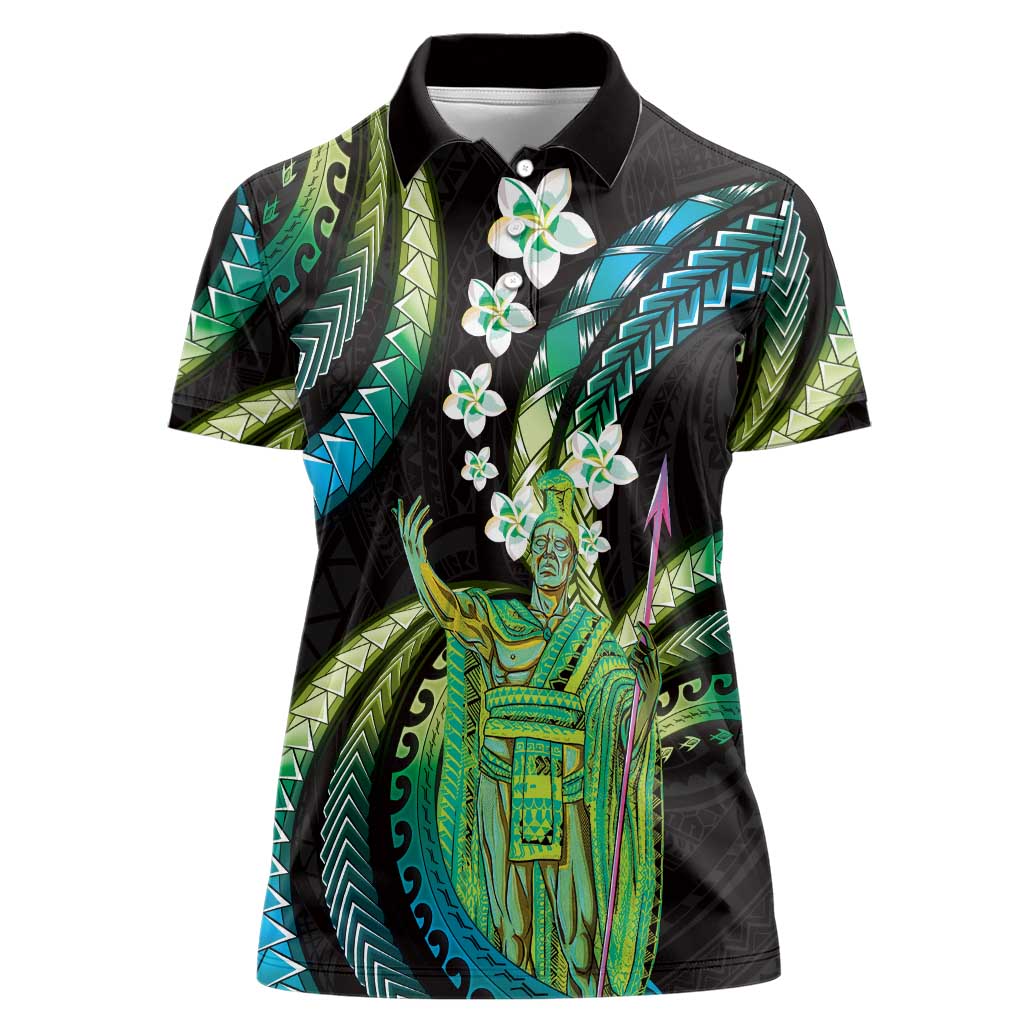 Hawaii King Kamehameha Women Polo Shirt Fantastic Plumeria Chartreuse Cyan LT01 Female Cyan - Polynesian Pride