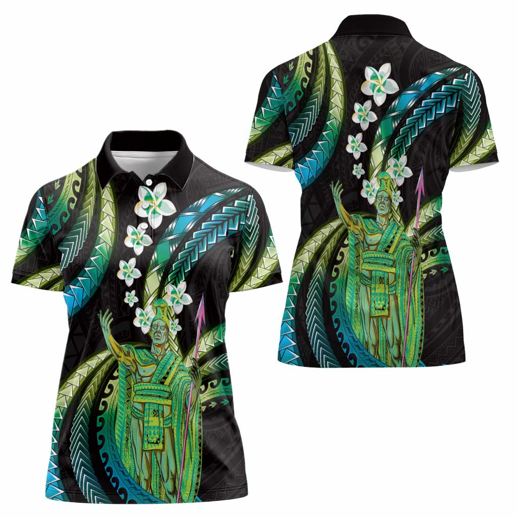 Hawaii King Kamehameha Women Polo Shirt Fantastic Plumeria Chartreuse Cyan LT01 - Polynesian Pride