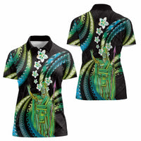 Hawaii King Kamehameha Women Polo Shirt Fantastic Plumeria Chartreuse Cyan LT01 - Polynesian Pride