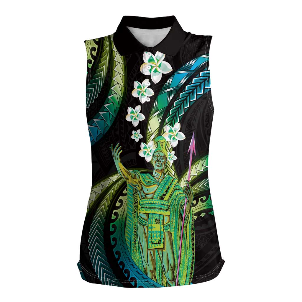 Hawaii King Kamehameha Women Sleeveless Polo Shirt Fantastic Plumeria Chartreuse Cyan LT01 Female Cyan - Polynesian Pride