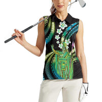 Hawaii King Kamehameha Women Sleeveless Polo Shirt Fantastic Plumeria Chartreuse Cyan LT01 - Polynesian Pride