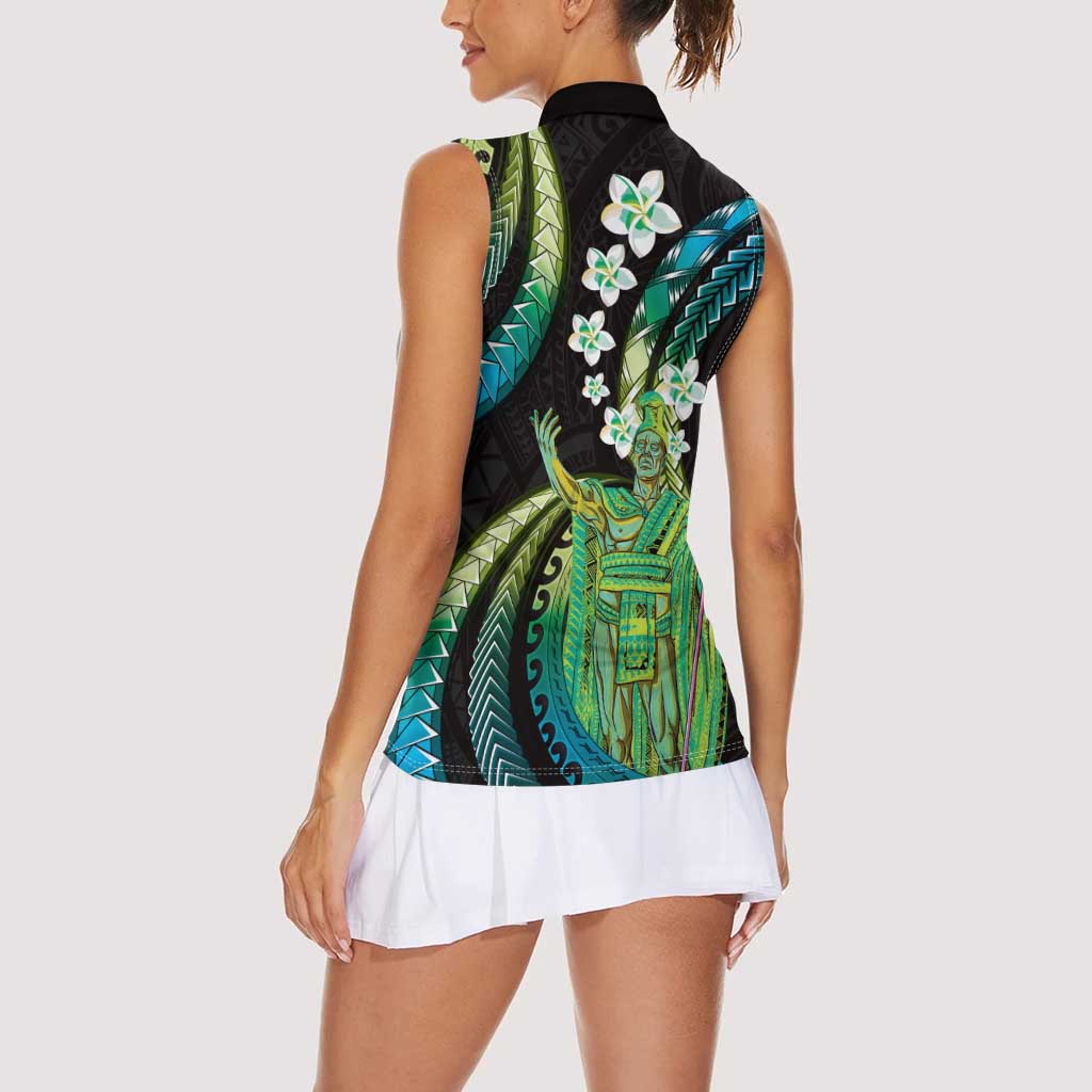 Hawaii King Kamehameha Women Sleeveless Polo Shirt Fantastic Plumeria Chartreuse Cyan LT01 - Polynesian Pride