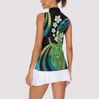 Hawaii King Kamehameha Women Sleeveless Polo Shirt Fantastic Plumeria Chartreuse Cyan LT01 - Polynesian Pride