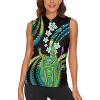 Hawaii King Kamehameha Women Sleeveless Polo Shirt Fantastic Plumeria Chartreuse Cyan LT01 - Polynesian Pride