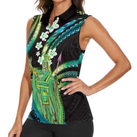 Hawaii King Kamehameha Women Sleeveless Polo Shirt Fantastic Plumeria Chartreuse Cyan LT01 - Polynesian Pride