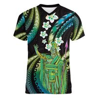 Hawaii King Kamehameha Women V-Neck T-Shirt Fantastic Plumeria Chartreuse Cyan LT01 Female Cyan - Polynesian Pride