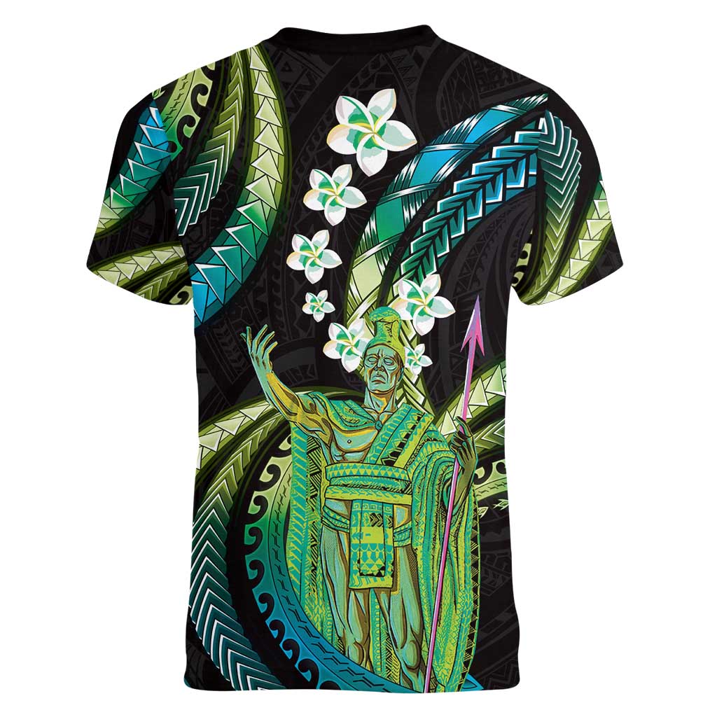 Hawaii King Kamehameha Women V-Neck T-Shirt Fantastic Plumeria Chartreuse Cyan LT01 - Polynesian Pride