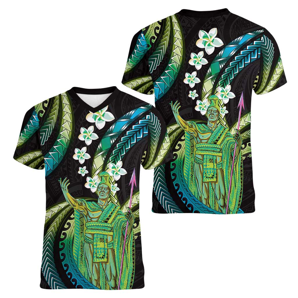 Hawaii King Kamehameha Women V-Neck T-Shirt Fantastic Plumeria Chartreuse Cyan LT01 - Polynesian Pride