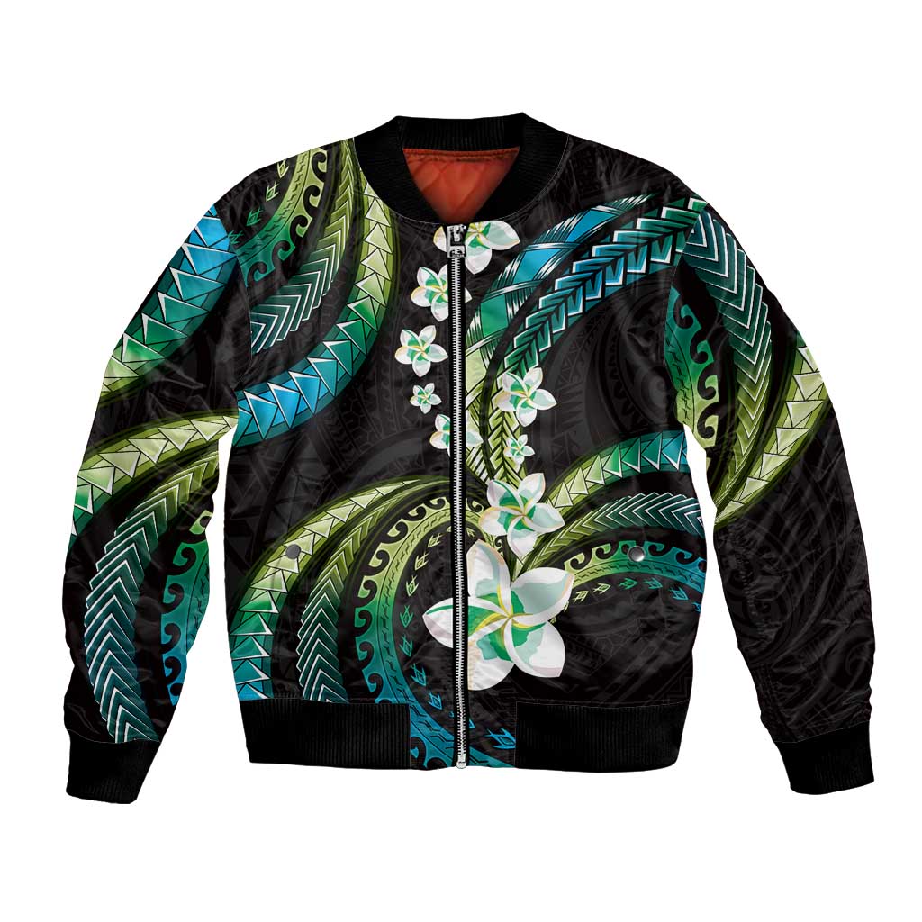 Hawaii Plumeria Bomber Jacket Chartreuse Cyan Polynesian Pattern LT01 Unisex Cyan - Polynesian Pride